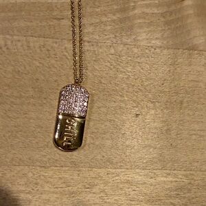 Siizu Gold Chill Pill Pendant Necklace with Pink Crystal Top